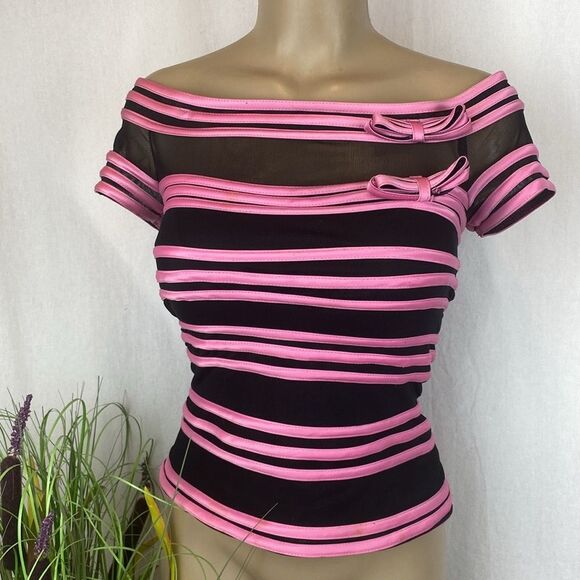 JS Collections Pink & Black Striped Barbiecore Semi Sheer Short Sleeve Blouse 6 - Picture 1 of 5